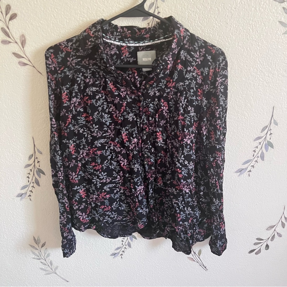 Anthropologie Lined Black Floral Button Up